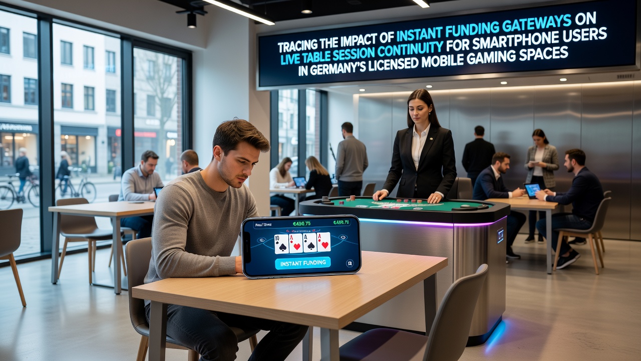 Smartphone mit Live-Tischspiel und Instant-Payment-Gateway in einem deutschen Casino-Setting